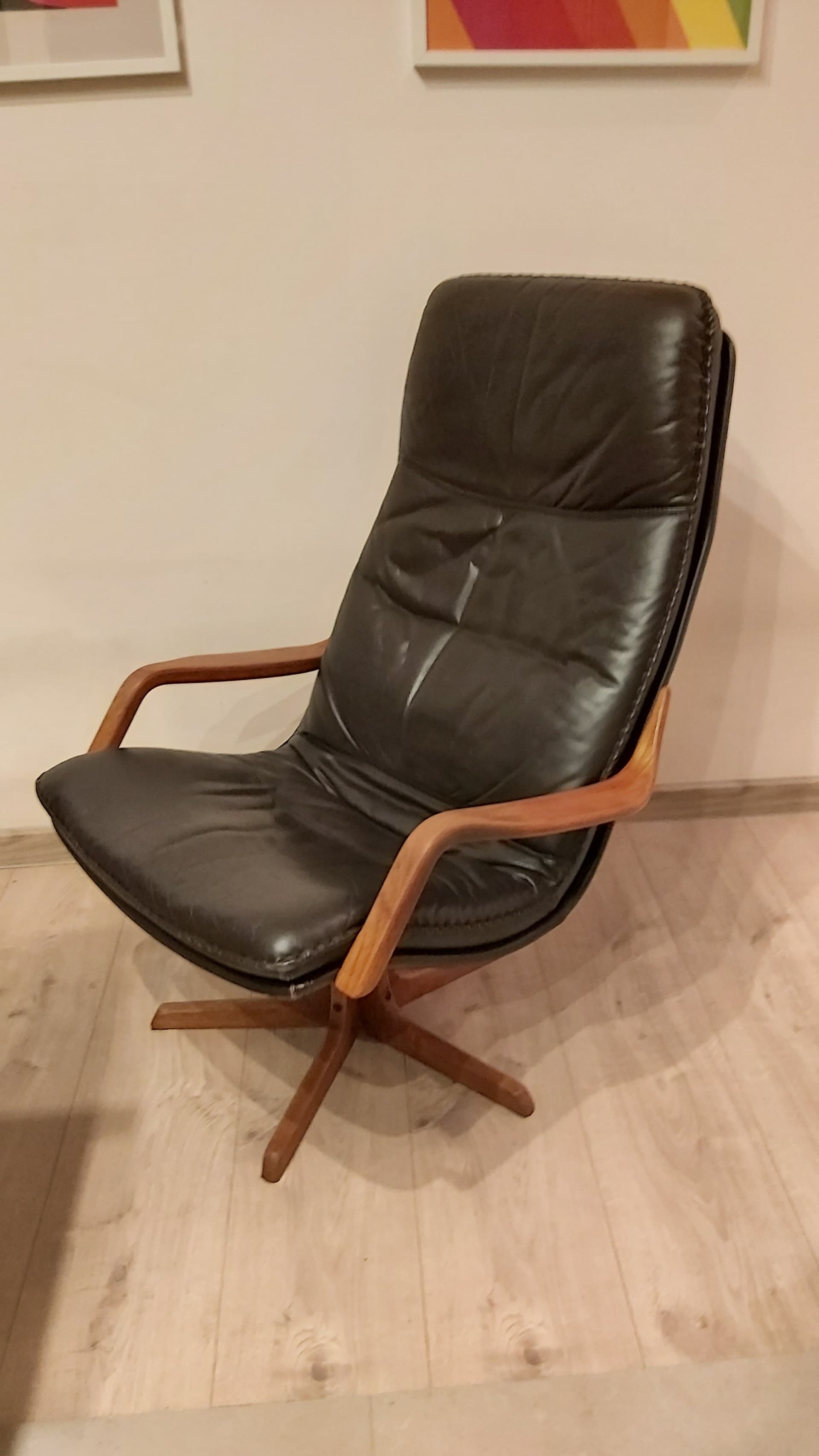 Swivel armchair with ottoman set, dark brown leather, walnut wood, Denmark, 1970s. - 90284