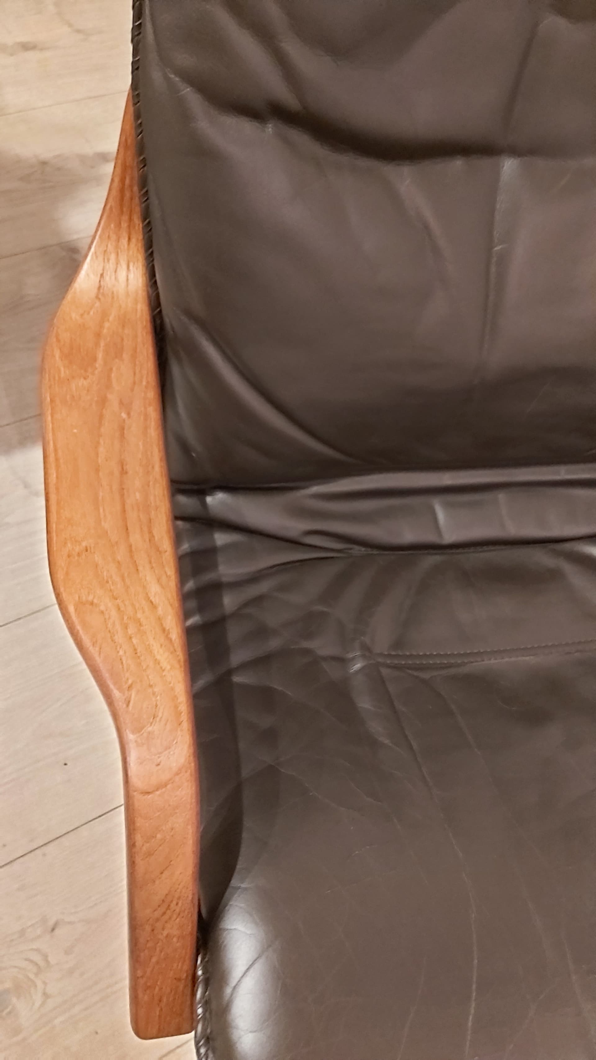 Swivel armchair with ottoman set, dark brown leather, walnut wood, Denmark, 1970s. - 90288