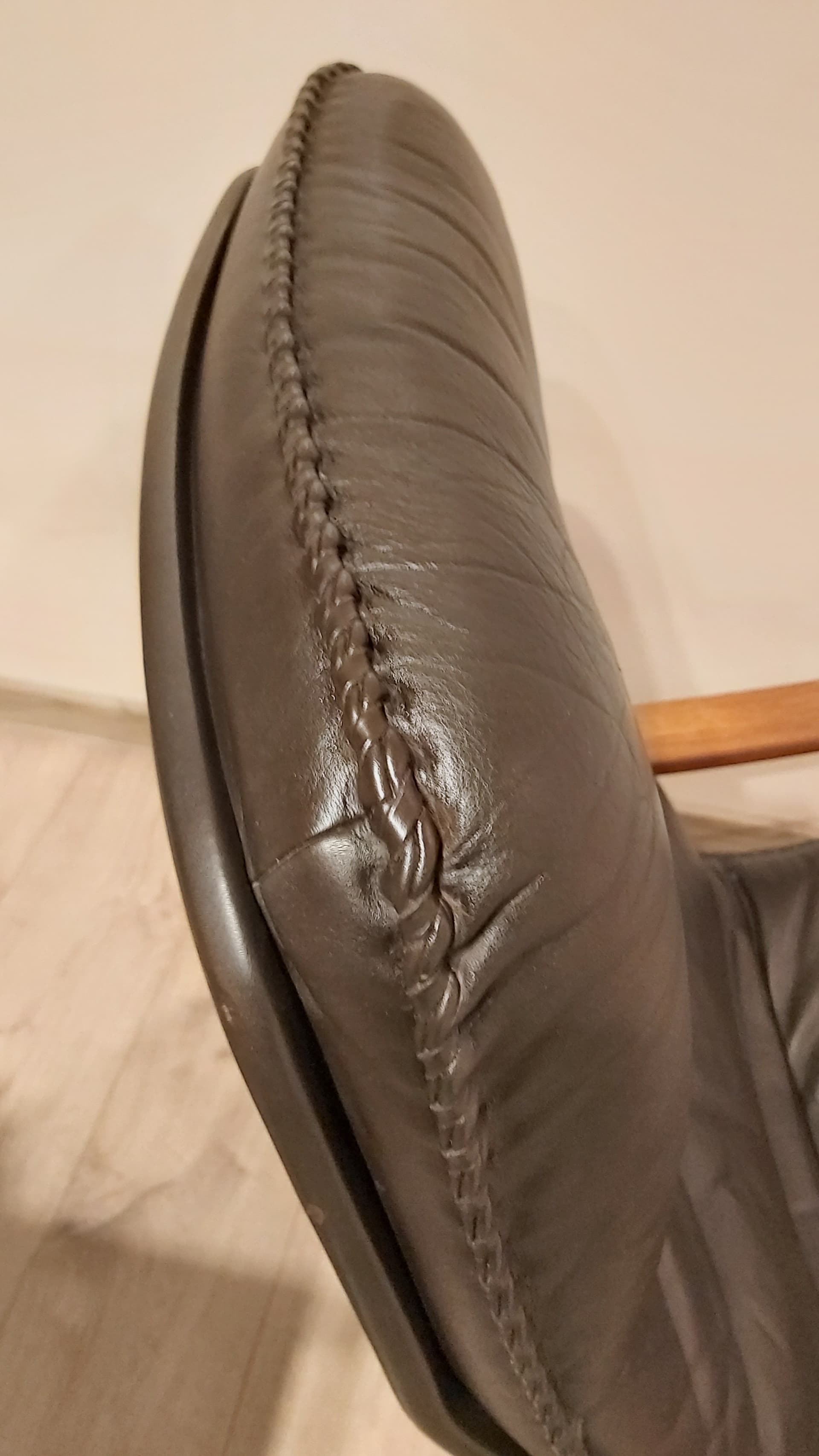 Swivel armchair with ottoman set, dark brown leather, walnut wood, Denmark, 1970s. - 90289