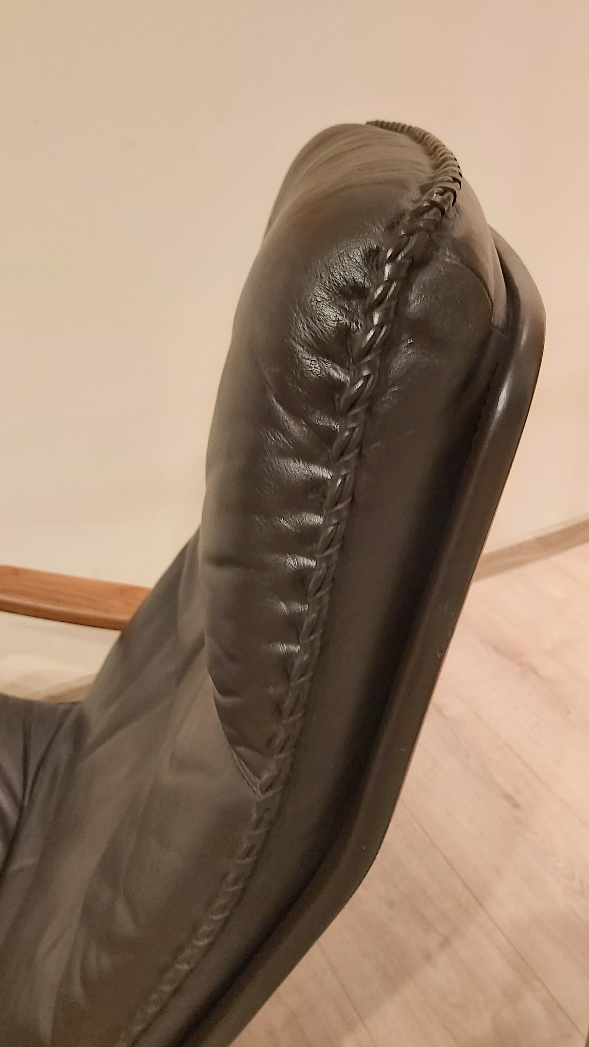 Swivel armchair with ottoman set, dark brown leather, walnut wood, Denmark, 1970s. - 90290