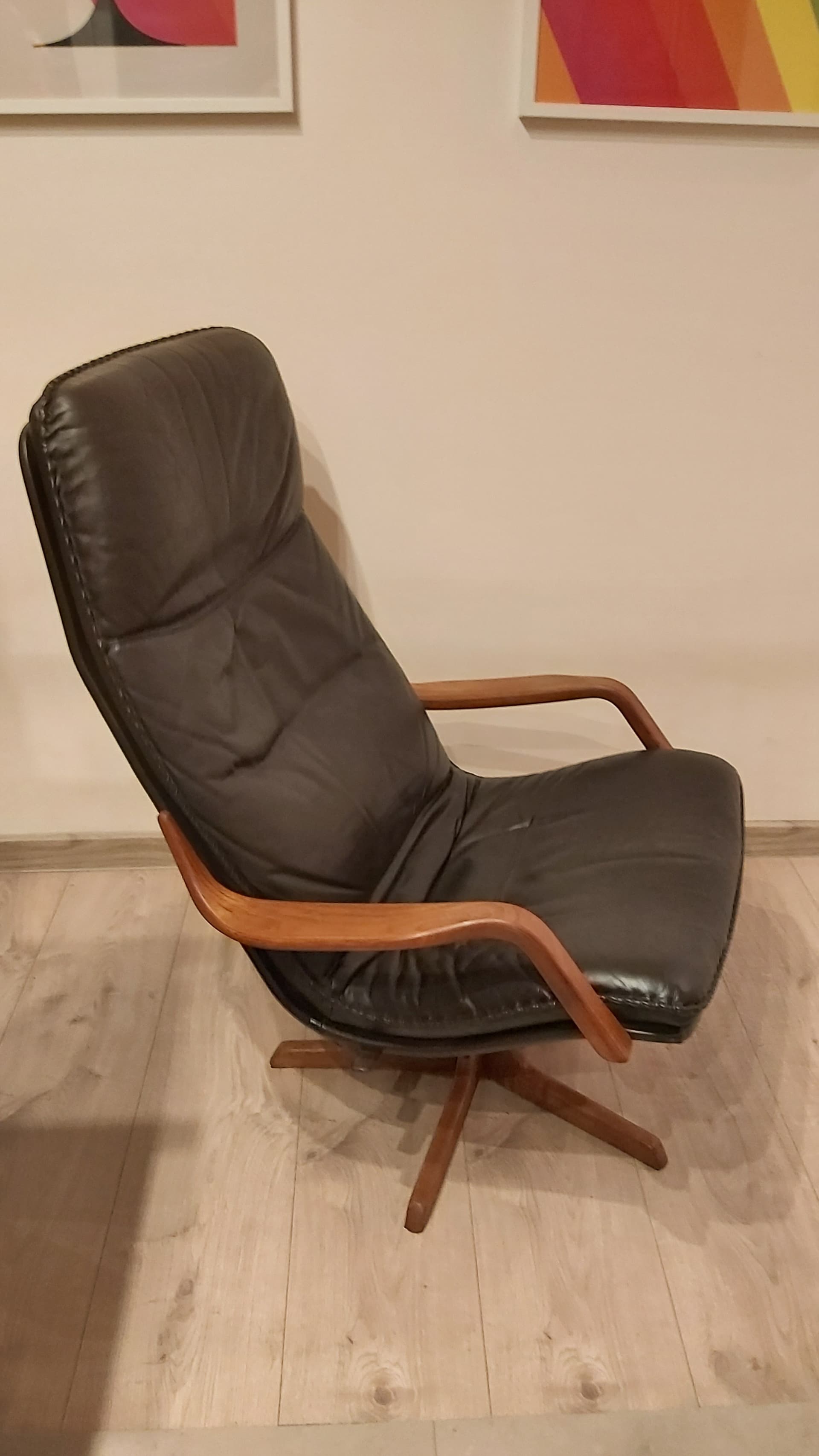 Swivel armchair with ottoman set, dark brown leather, walnut wood, Denmark, 1970s. - 90286
