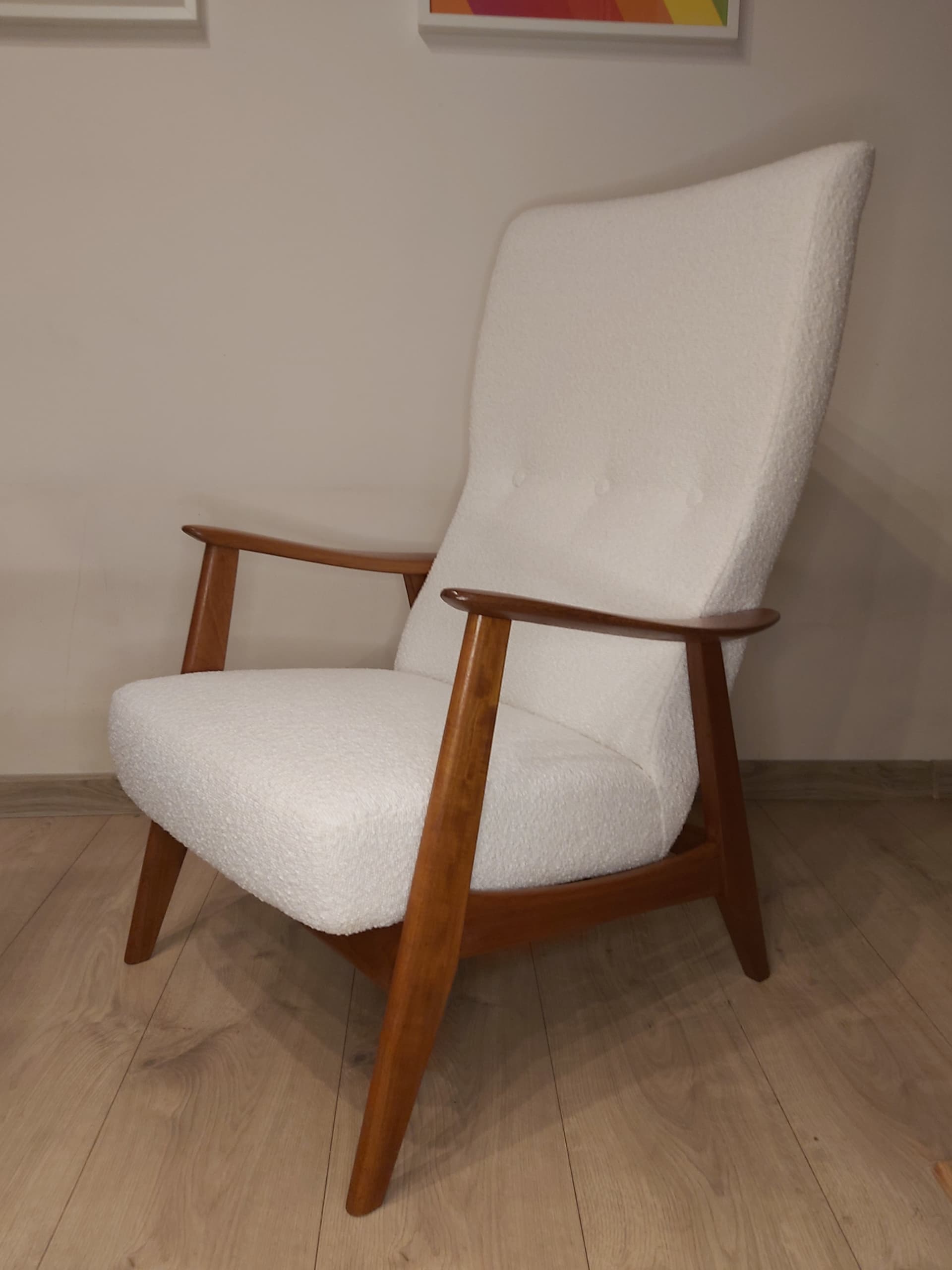 Fotel wypoczynkowy, bouclé ivory white, drewno teak, Niemcy, lata 70. - 90322