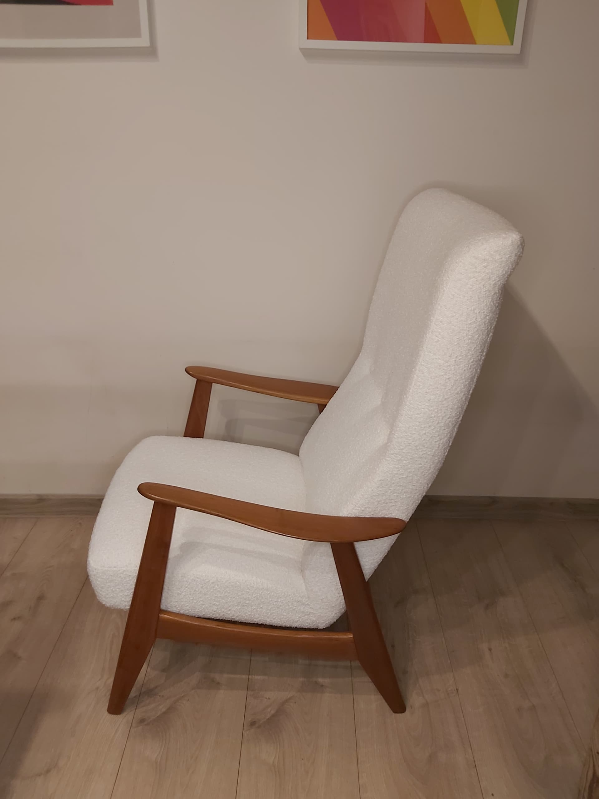 Fotel wypoczynkowy, bouclé ivory white, drewno teak, Niemcy, lata 70. - 90320