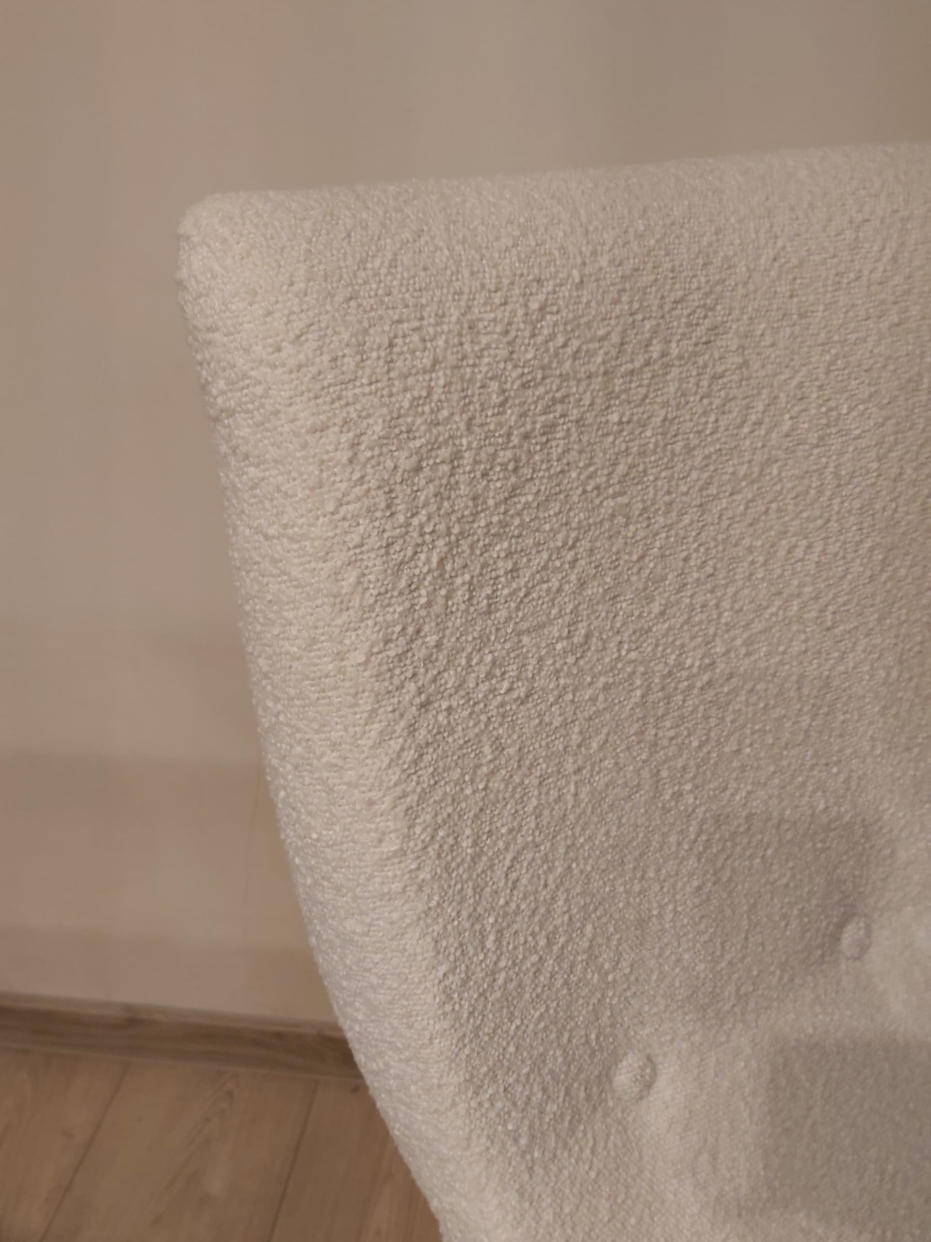 Fotel wypoczynkowy, bouclé ivory white, drewno teak, Niemcy, lata 70. - 90328