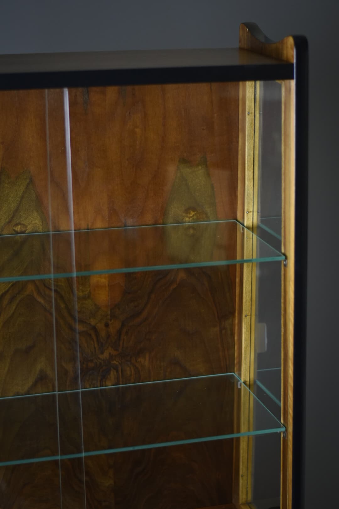 Witryna model 1019, orzech ciemny, szkło przezroczyste, proj. R. Hałas, Polska, lata 60. - 90617