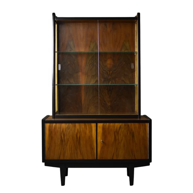 Witryna model 1019, orzech ciemny, szkło przezroczyste, proj. R. Hałas, Polska, lata 60. - WYMIARY