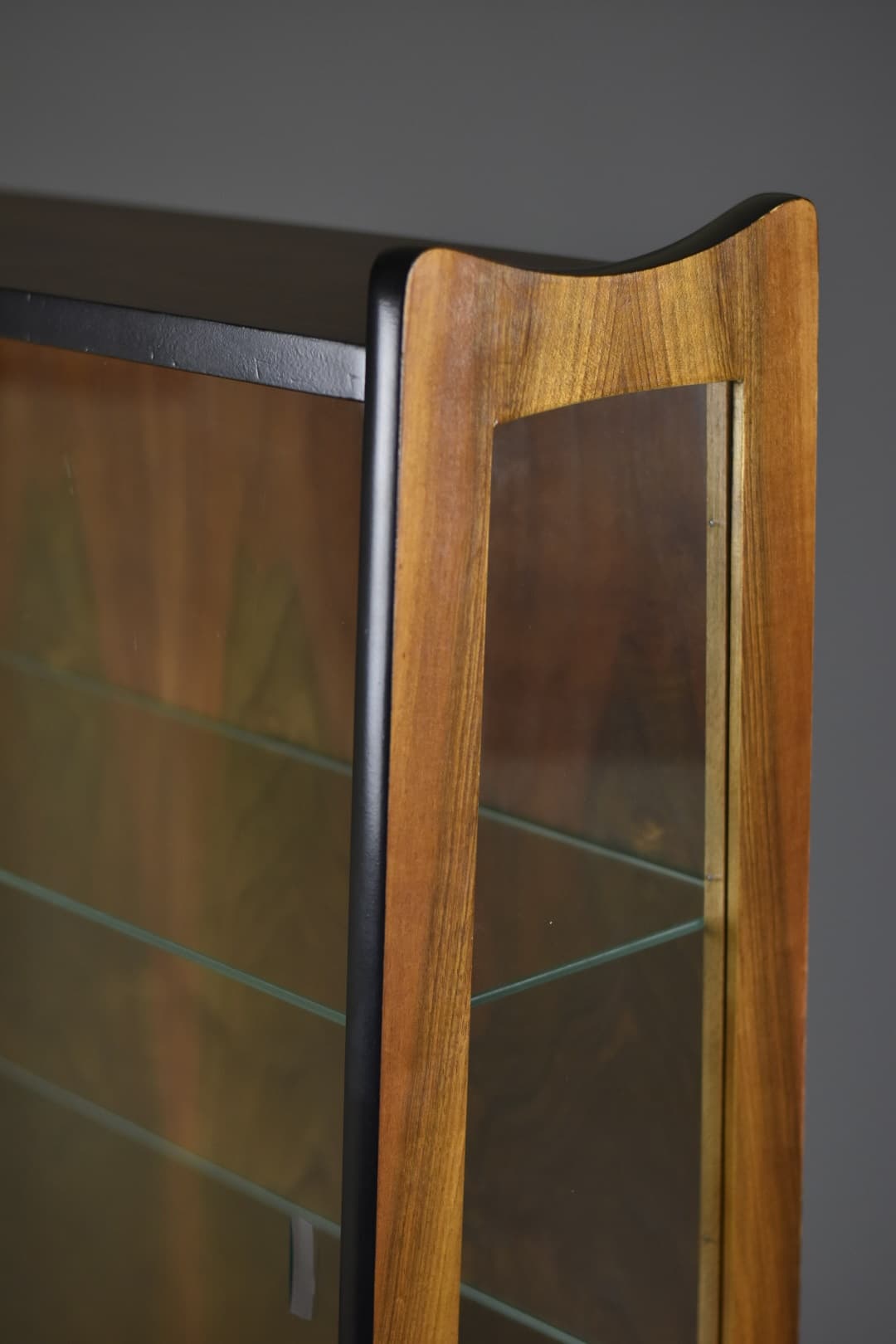 Witryna model 1019, orzech ciemny, szkło przezroczyste, proj. R. Hałas, Polska, lata 60. - 90610
