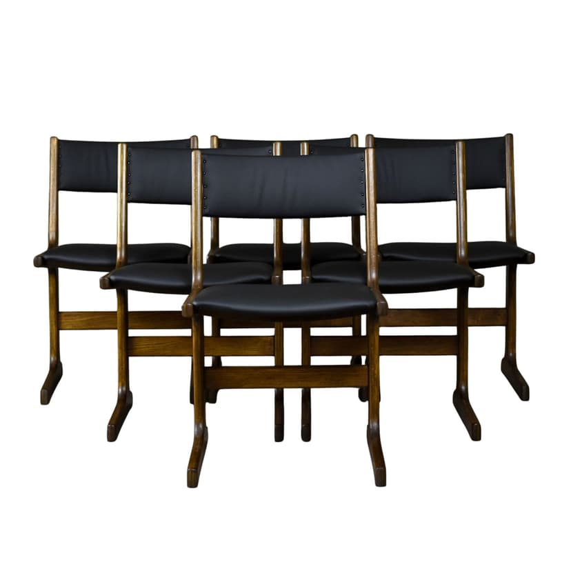 Komplet sześciu krzeseł, palisander brązowy, skóra naturalna czarna, Farstrup Møbelfabrik, Dania, lata 60.