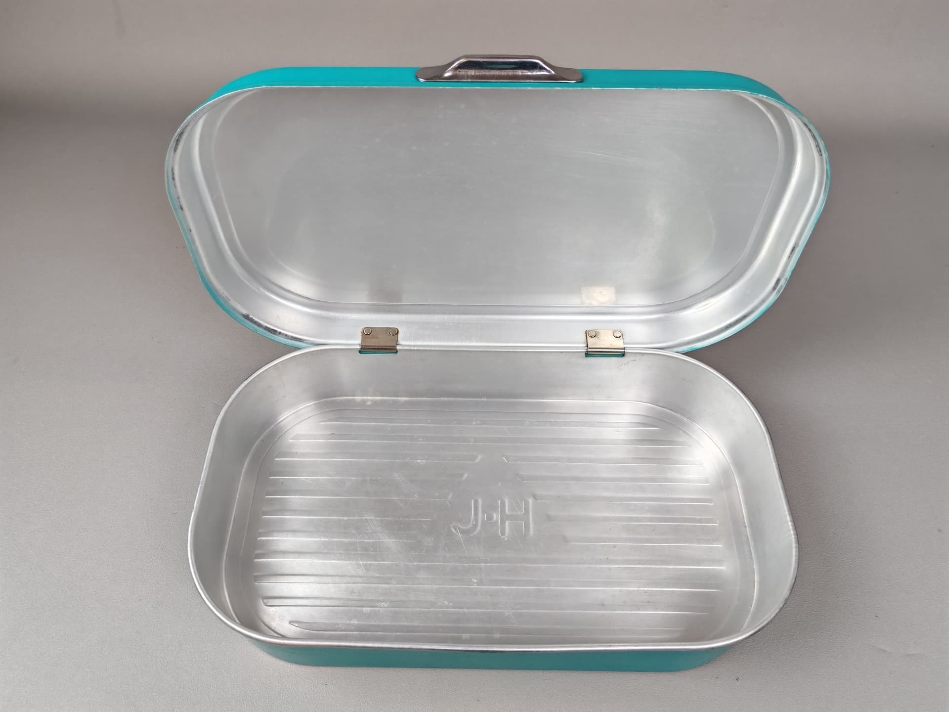 Pudełko na lunch turkusowe, metal, Szwecja, lata 50. - 92856