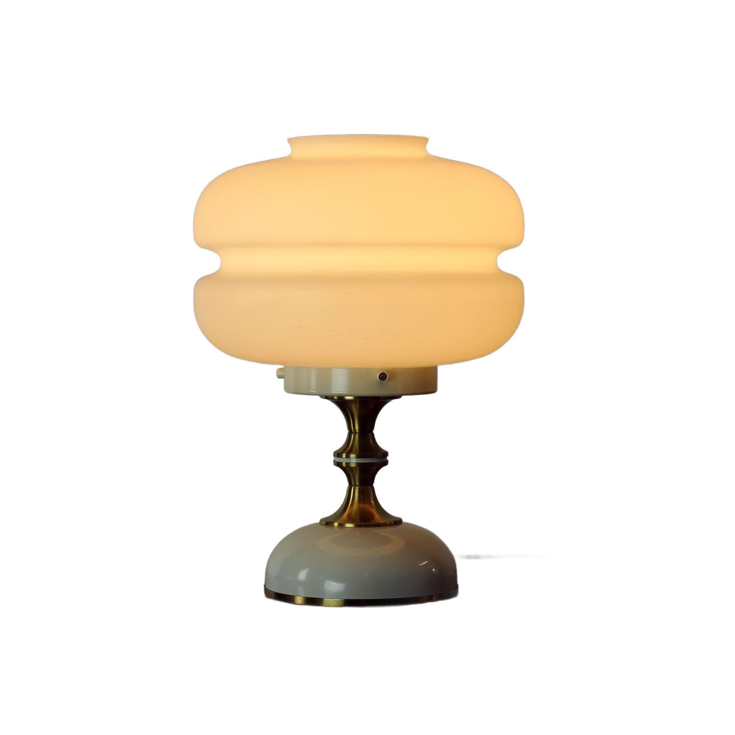 Lampa stołowa Space Age, szkło opalowe białe, metal kremowy, Napako, Czechosłowacja, lata 70.