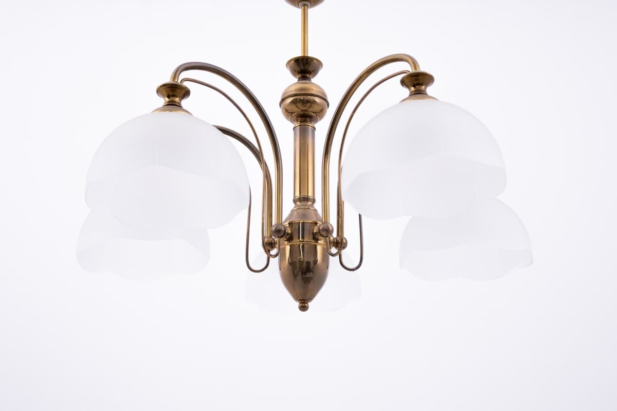 Brass Chandelier with Frosted Glass, Poland, 1980s - 57793