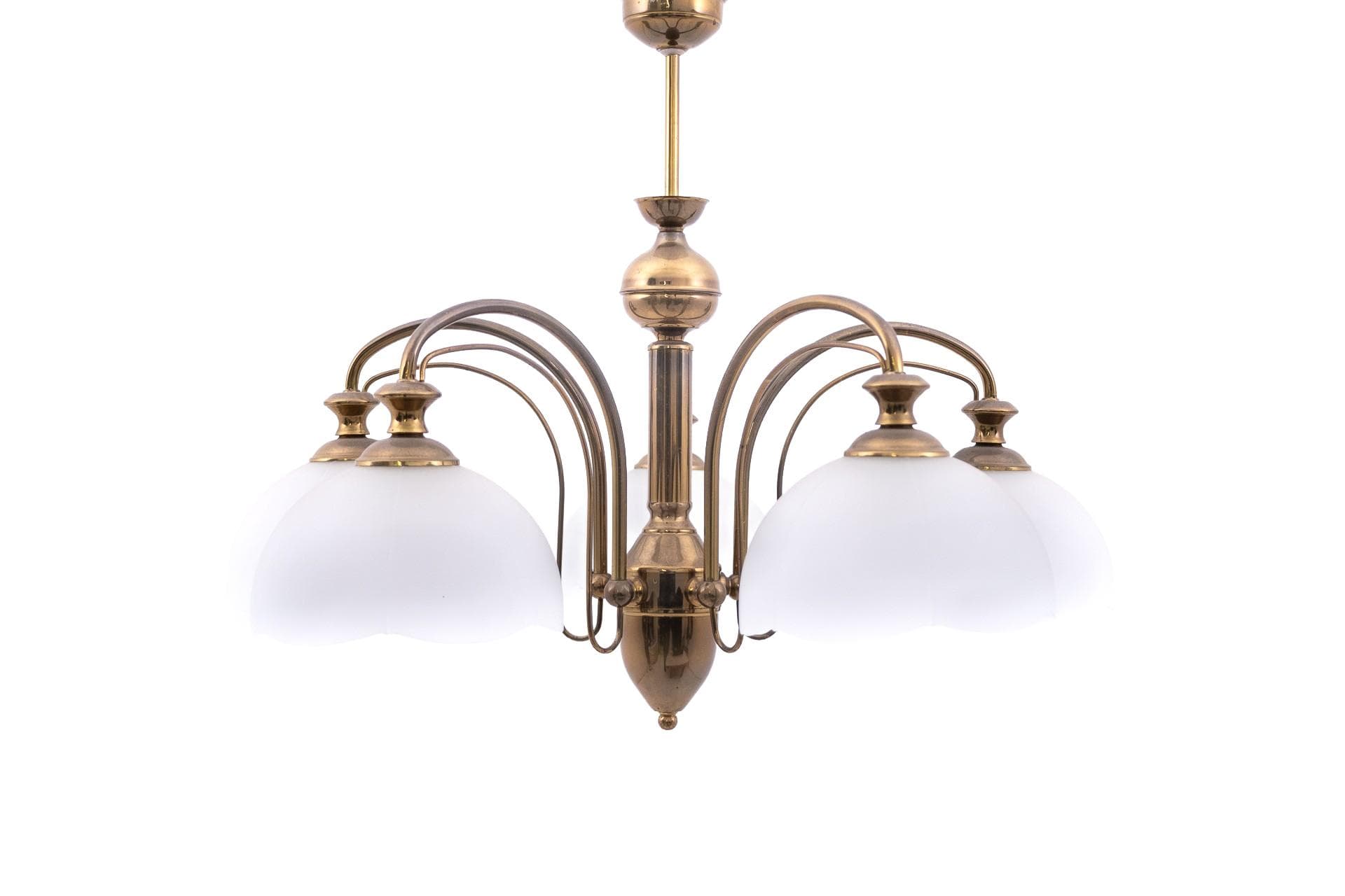 Brass Chandelier with Frosted Glass, Poland, 1980s