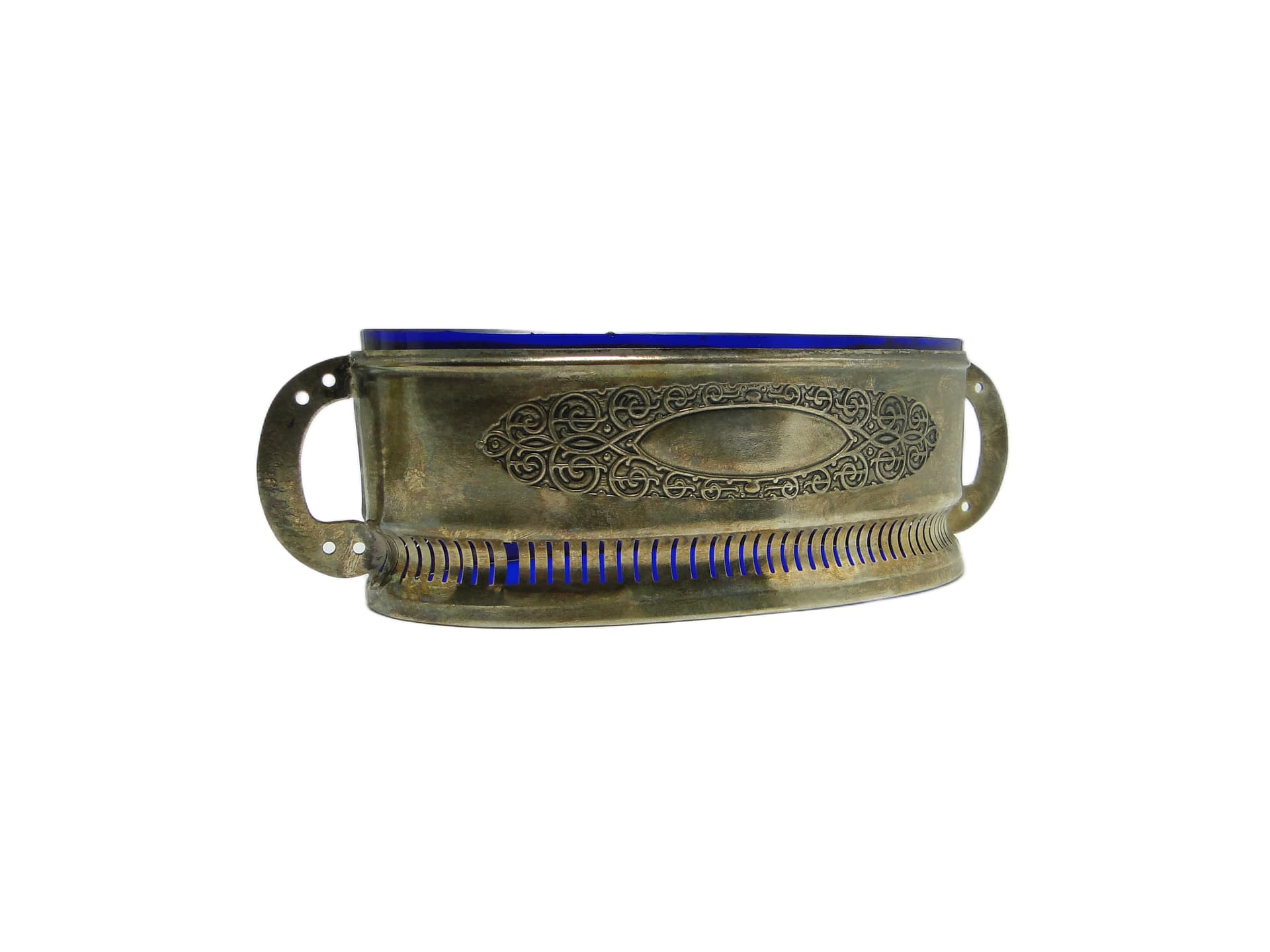 Żardiniera Art Nouveau, mosiądz srebrzony, szkło kobaltowe, Wielka Brytania, lata 60. - 93282