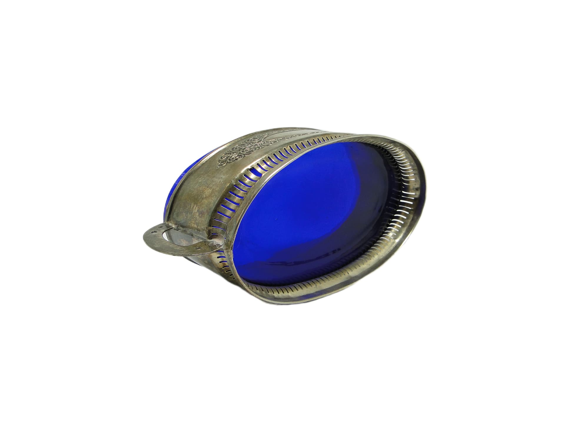 Żardiniera Art Nouveau, mosiądz srebrzony, szkło kobaltowe, Wielka Brytania, lata 60. - 93281