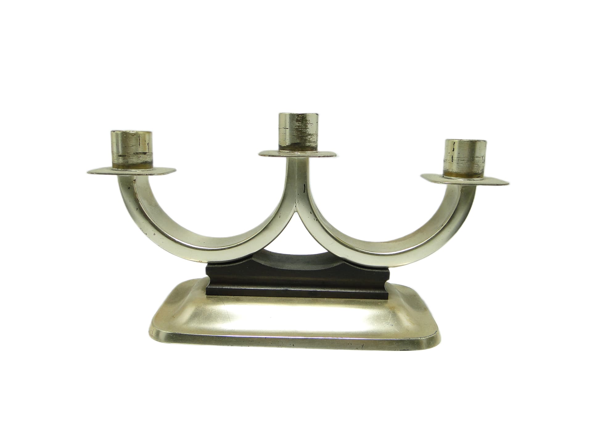 Świecznik trójramienny, Art déco, mosiądz srebrzony, Quist, Niemcy, lata 50.