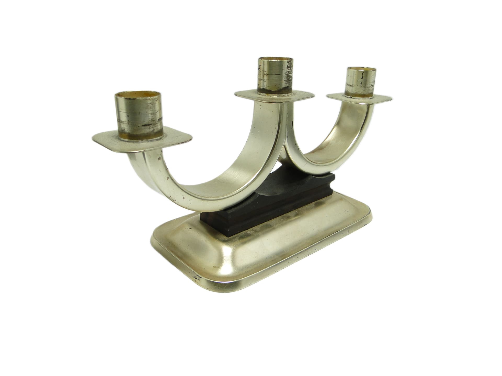 Świecznik trójramienny, Art déco, mosiądz srebrzony, Quist, Niemcy, lata 50. - 93812