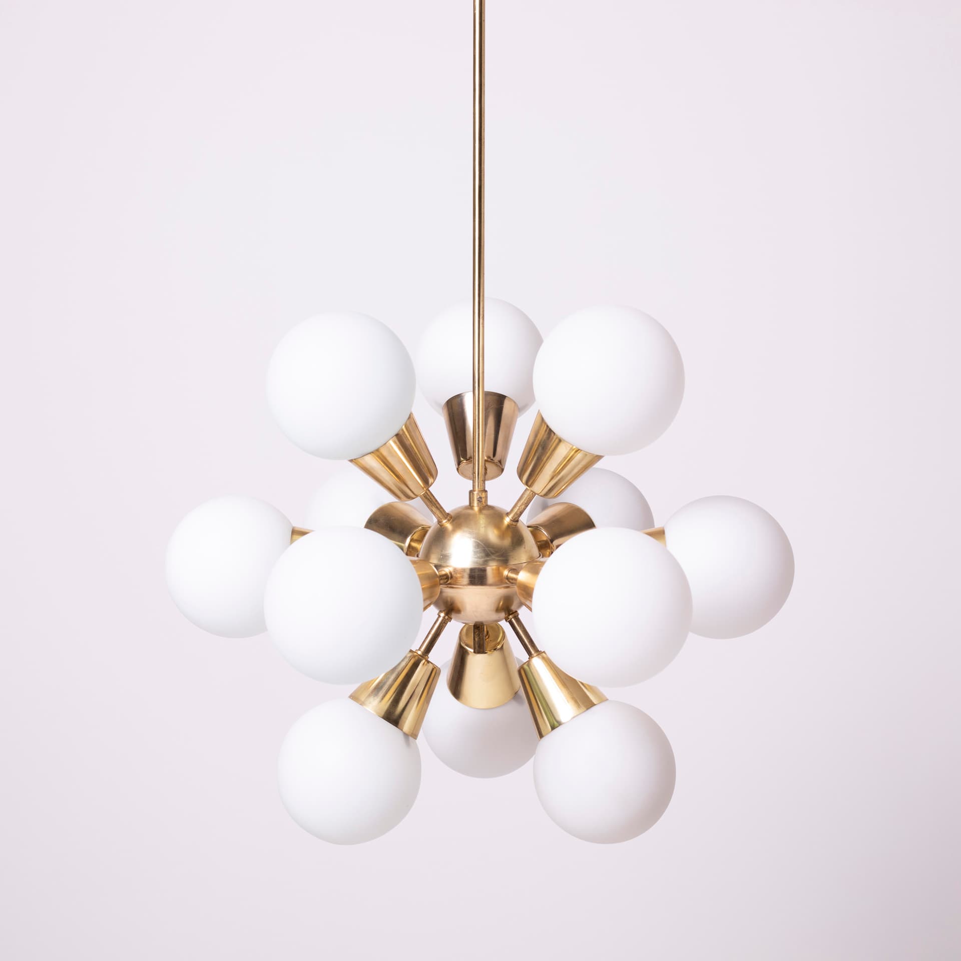 Chandelier Sputnik, golden brass, white glass, by J. Bejvl, Kamenický Šenov, Czechoslovakia, 1970s. - 93917