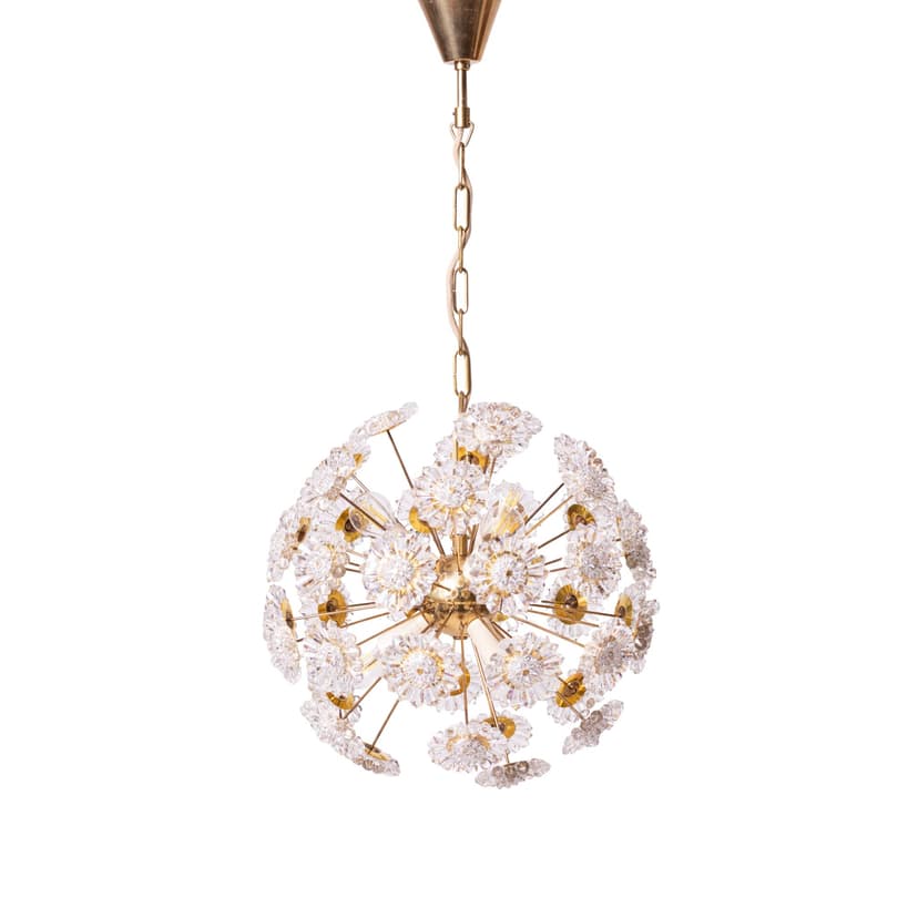 Żyrandol Sputnik, mosiądz złoty, szkło kryształowe, Kamenický Šenov, Czechosłowacja, lata 70.