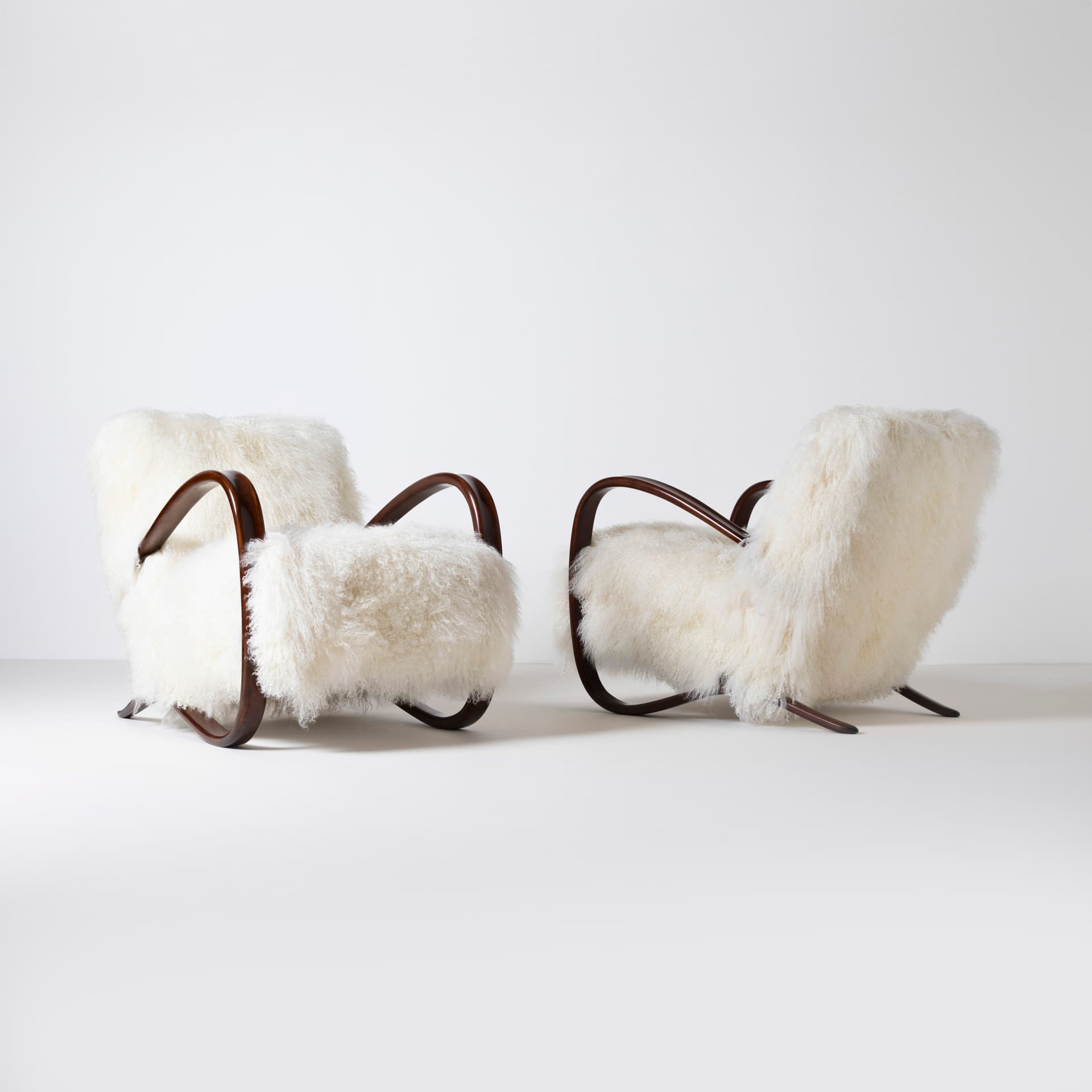Pair of armchairs H 269, ivory white wool, rosewood brown wood, by J. Halabala, UP Závody, Czechoslovakia, 1930s. - 93970