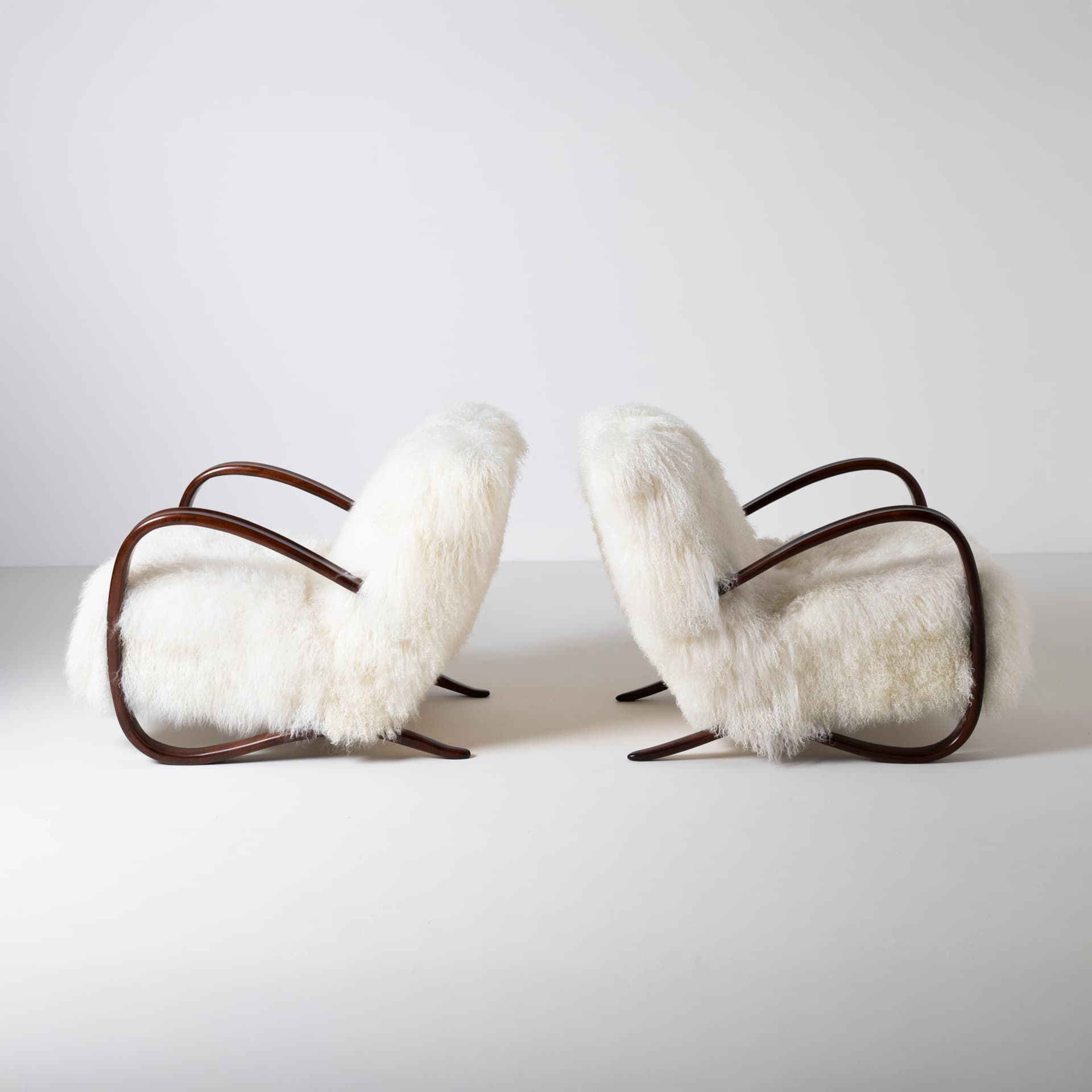 Pair of armchairs H 269, ivory white wool, rosewood brown wood, by J. Halabala, UP Závody, Czechoslovakia, 1930s. - 93977