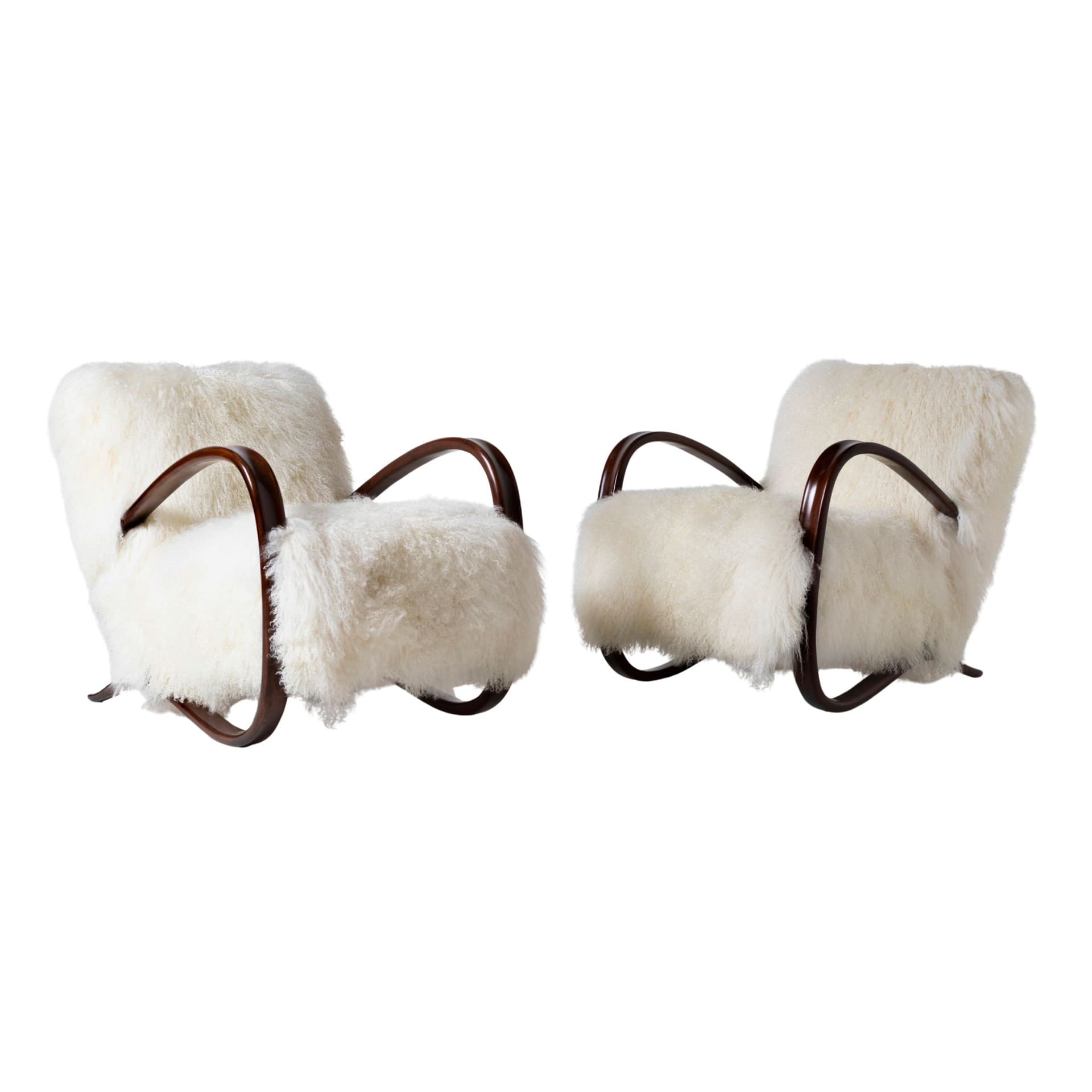 Pair of armchairs H 269, ivory white wool, rosewood brown wood, by J. Halabala, UP Závody, Czechoslovakia, 1930s.