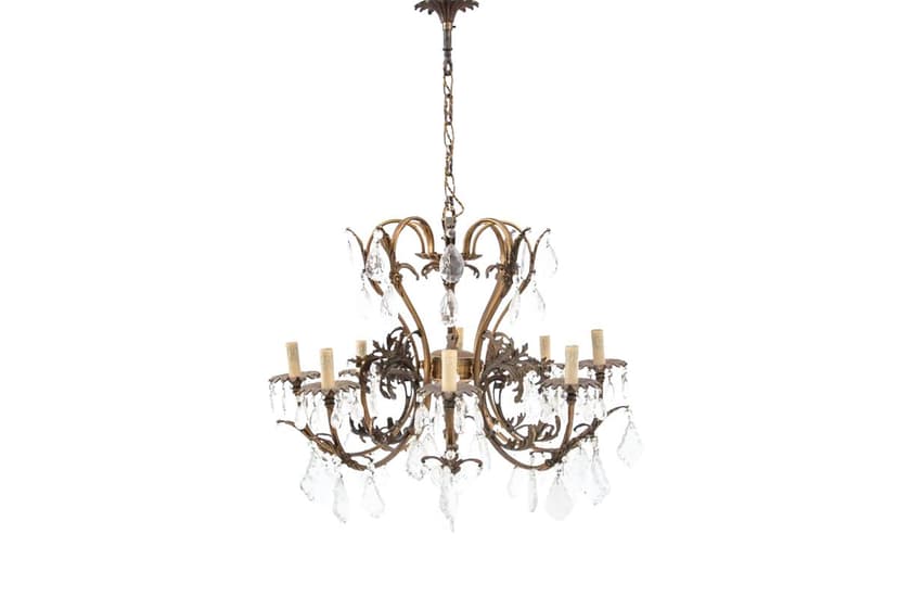 Złoty kryształowy żyrandol rokoko, Francja, lata 40.