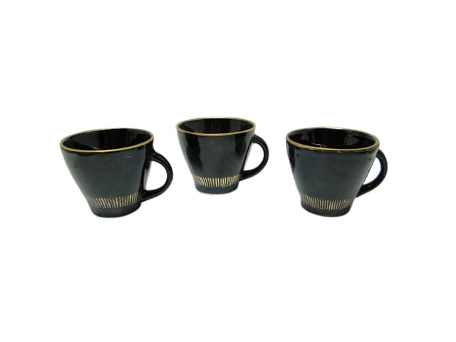 set of three cups, mid-century modern, black ceramic, Poland, 1970s - DIMENSION