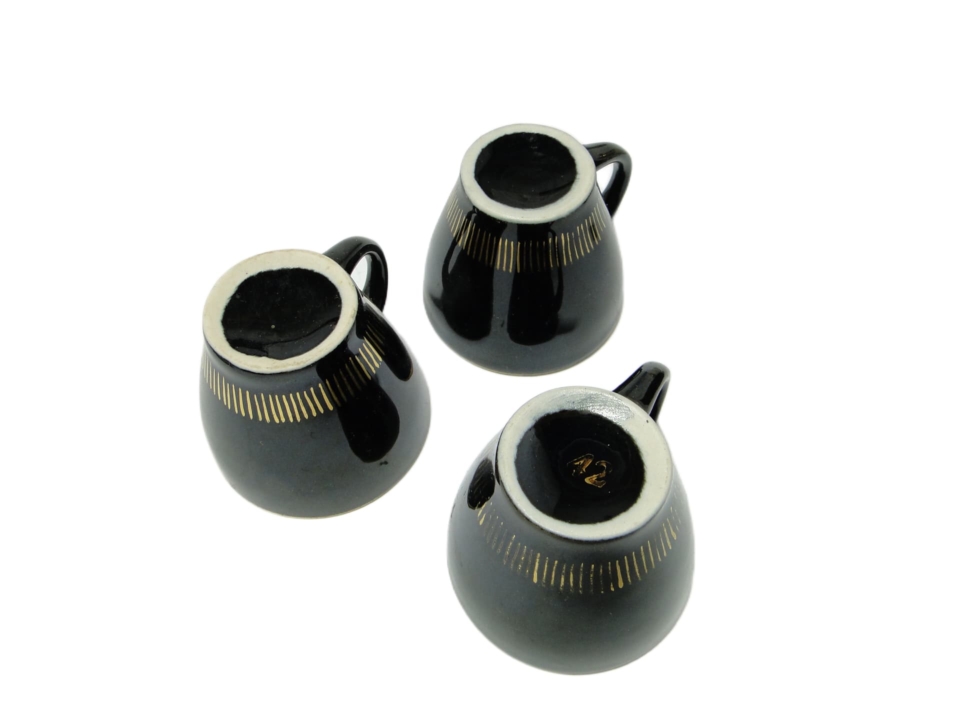 set of three cups, mid-century modern, black ceramic, Poland, 1970s - 94778