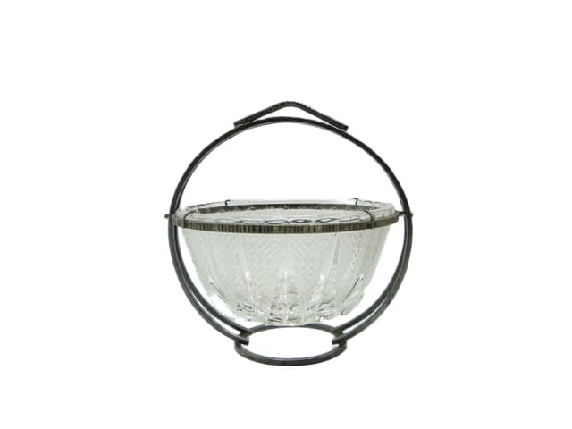 Cukiernica, mid-century modern, szkło transparent, mosiądz srebrzony, Polska, lata 60. - WYMIARY