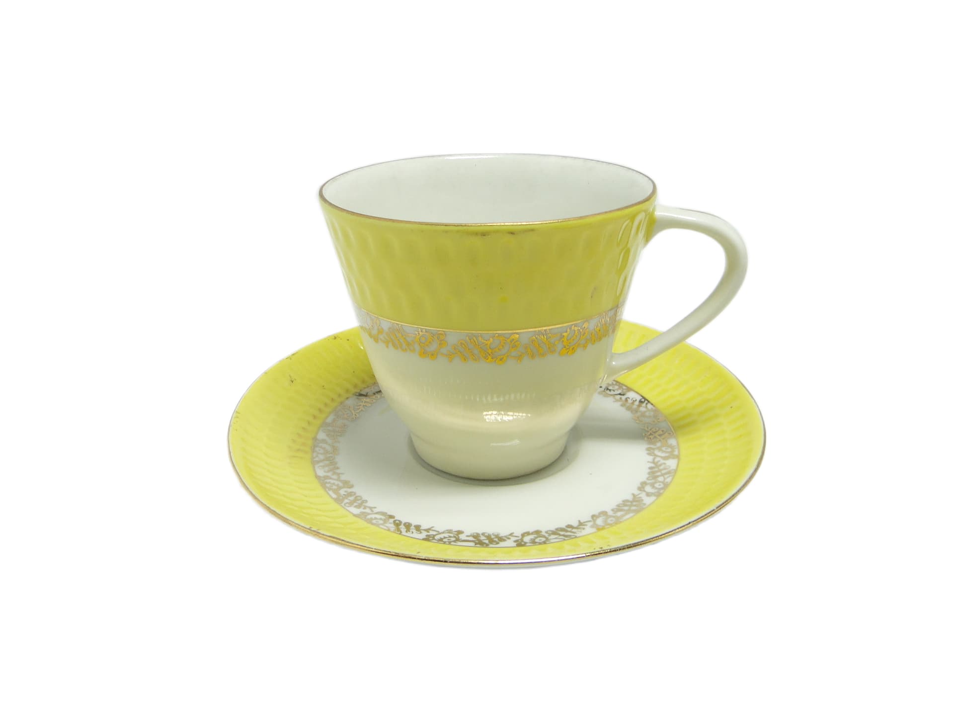 Zestaw filiżanki i spodka Karol, porcelana żółta, Chodzież, Polska, lata 70.