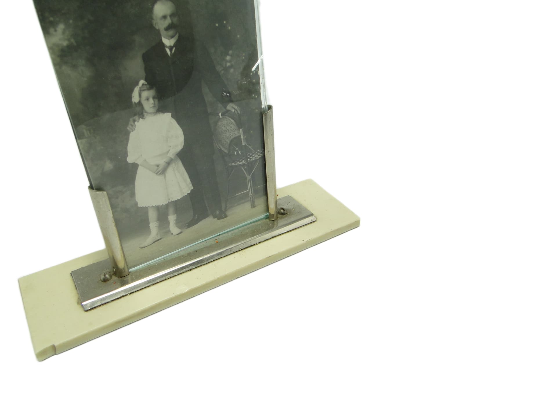 Art Deco photo frame, glass, brass, ivory white Bakelite, Germany, 1950s. - 95763