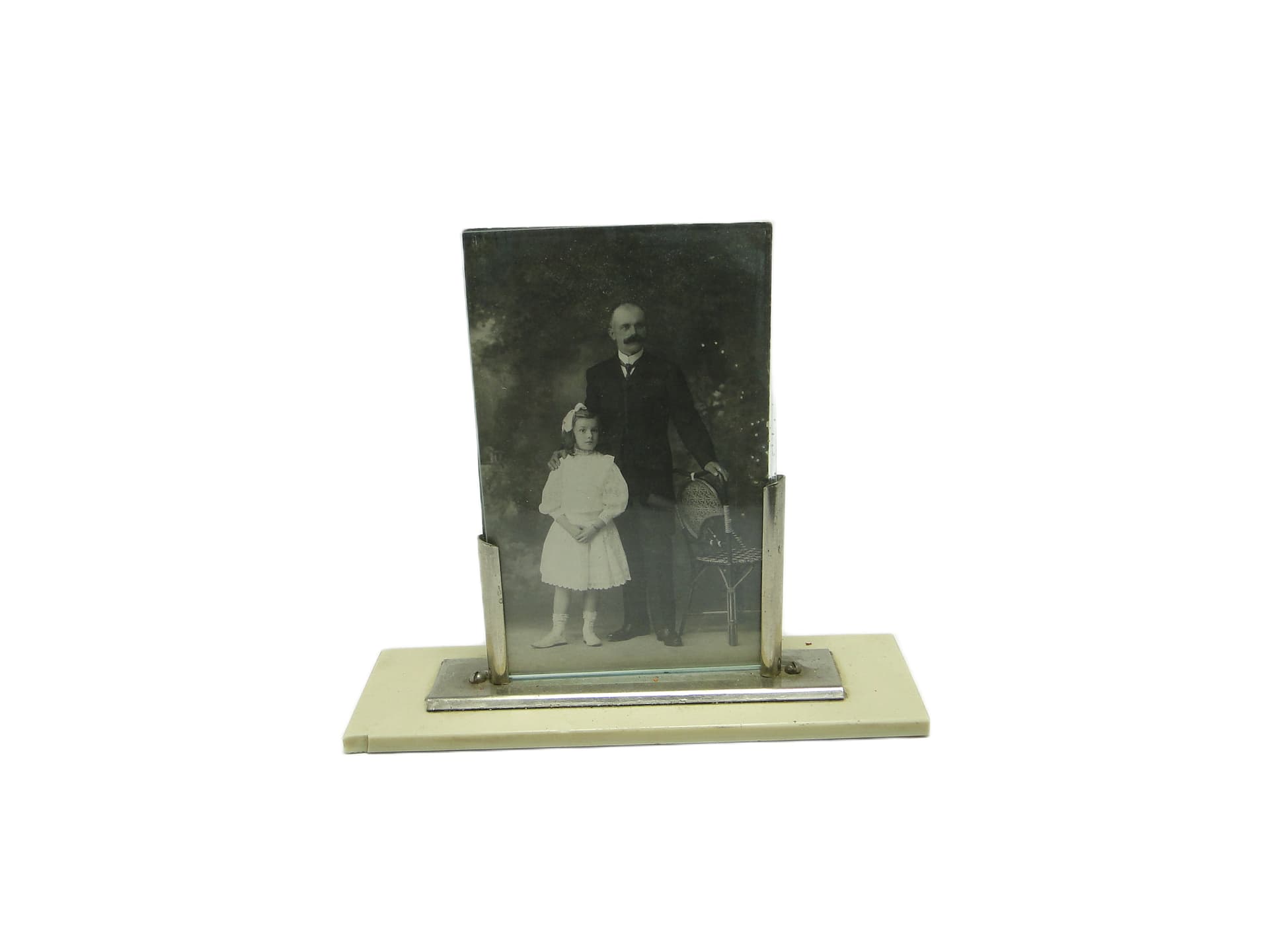 Art Deco photo frame, glass, brass, ivory white Bakelite, Germany, 1950s. - 95769