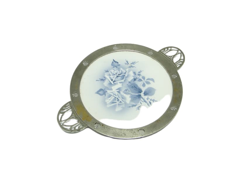 Art Nouveau tray, silver-plated brass, white porcelain, Austria, early 20th c.