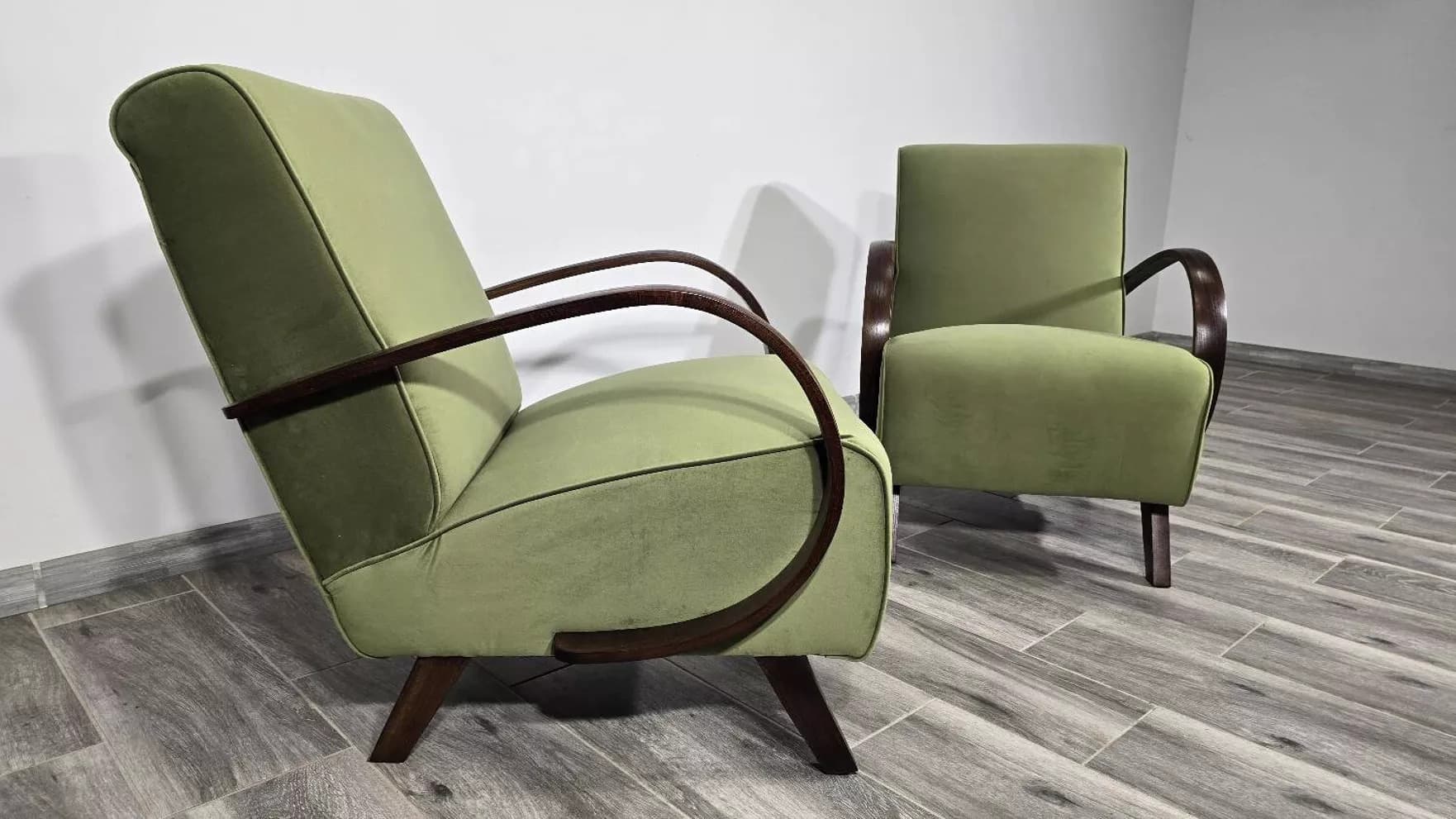 Armchair H 410, olive velvet, dark wood, by J. Halabala, UP Závody, Czechoslovakia, 1960s. - 722