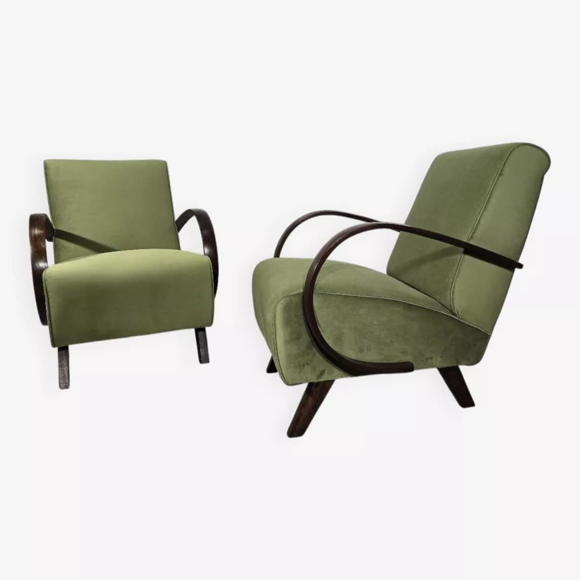 Armchair H 410, olive velvet, dark wood, by J. Halabala, UP Závody, Czechoslovakia, 1960s.