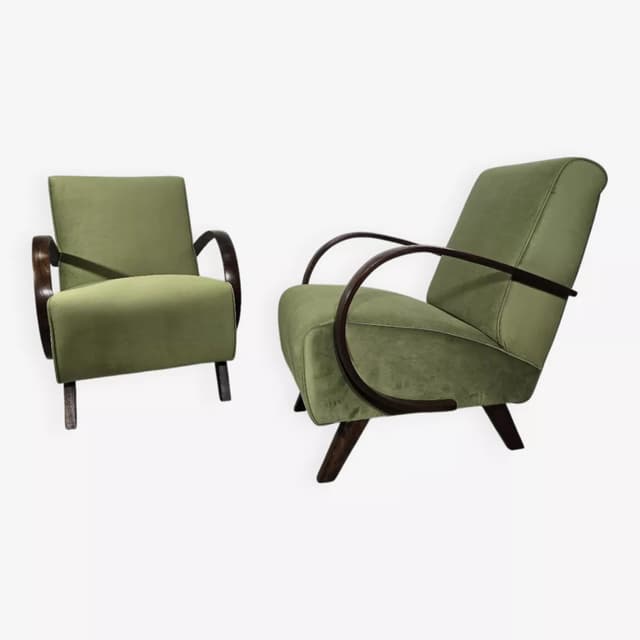 Armchair H 410, olive velvet, dark wood, by J. Halabala, UP Závody, Czechoslovakia, 1960s. - DIMENSION