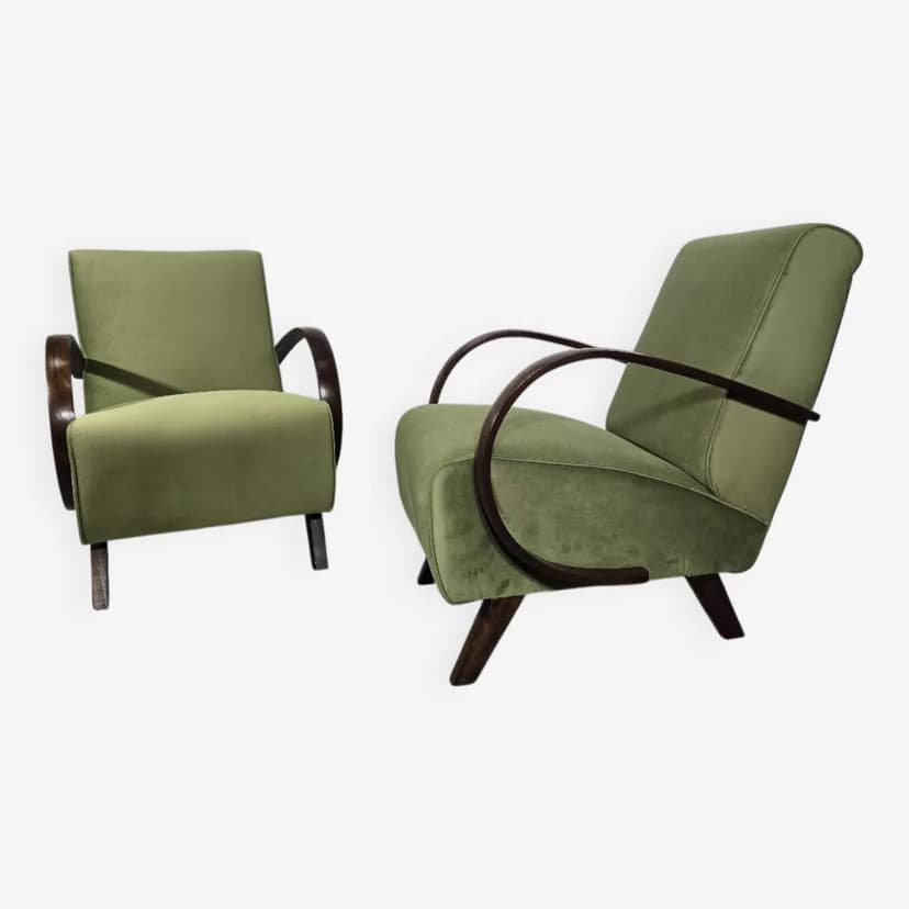 Armchair H 410, olive velvet, dark wood, by J. Halabala, UP Závody, Czechoslovakia, 1960s.