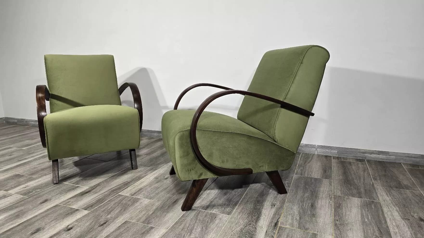 Armchair H 410, olive velvet, dark wood, by J. Halabala, UP Závody, Czechoslovakia, 1960s. - 726