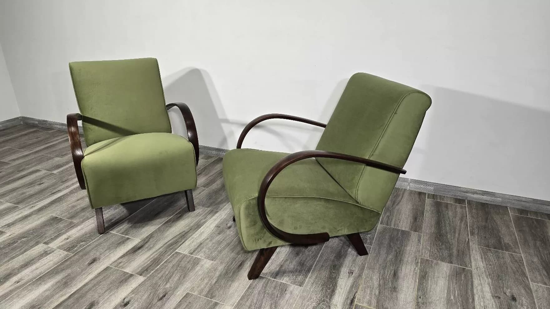 Armchair H 410, olive velvet, dark wood, by J. Halabala, UP Závody, Czechoslovakia, 1960s. - 728