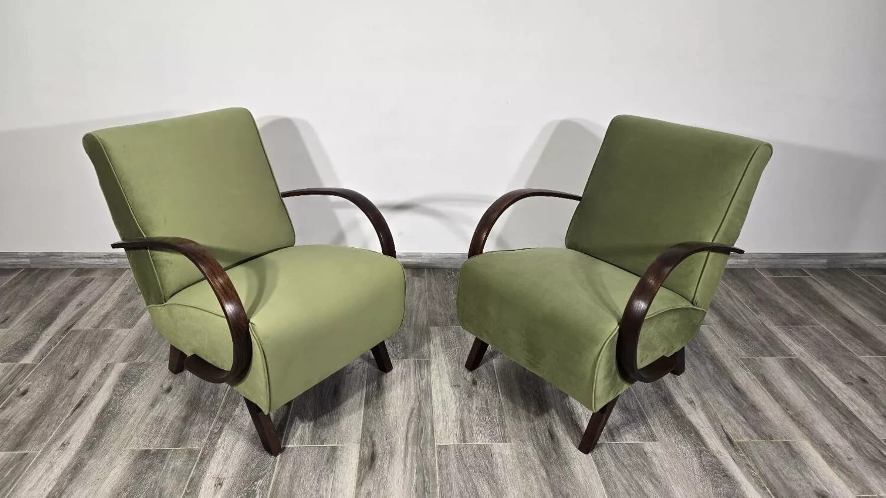 Armchair H 410, olive velvet, dark wood, by J. Halabala, UP Závody, Czechoslovakia, 1960s. - 727