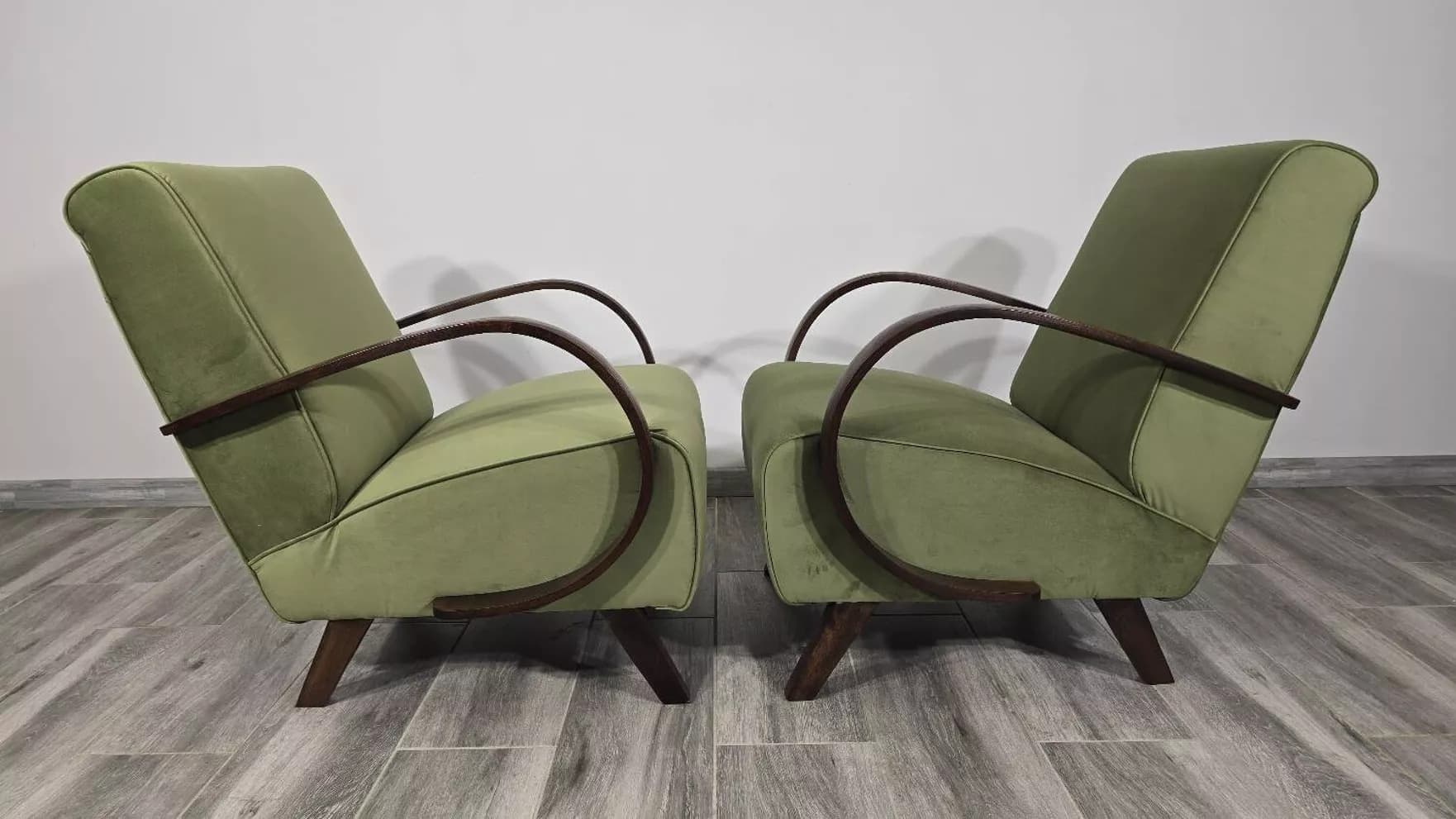 Armchair H 410, olive velvet, dark wood, by J. Halabala, UP Závody, Czechoslovakia, 1960s. - 729