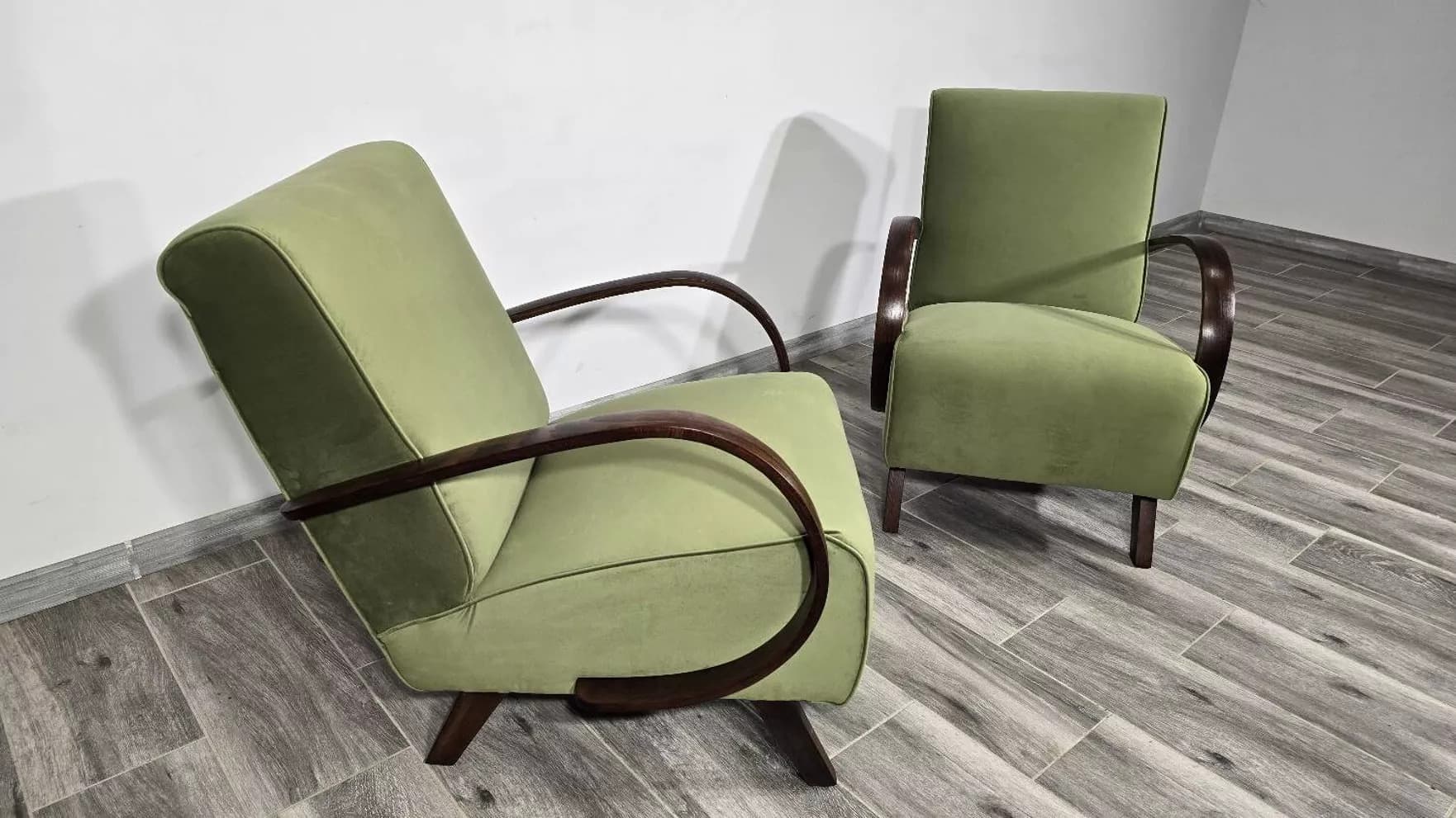 Armchair H 410, olive velvet, dark wood, by J. Halabala, UP Závody, Czechoslovakia, 1960s. - 730