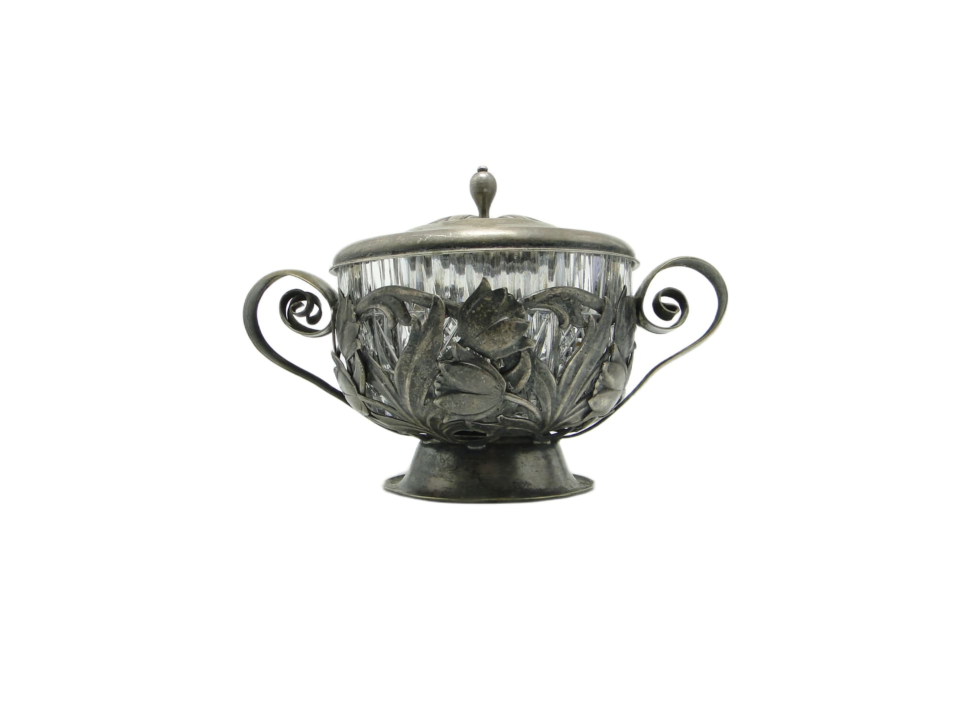 Cukiernica Art Nouveau, mosiądz srebrzony, szkło, Polska, lata 60. - 96317