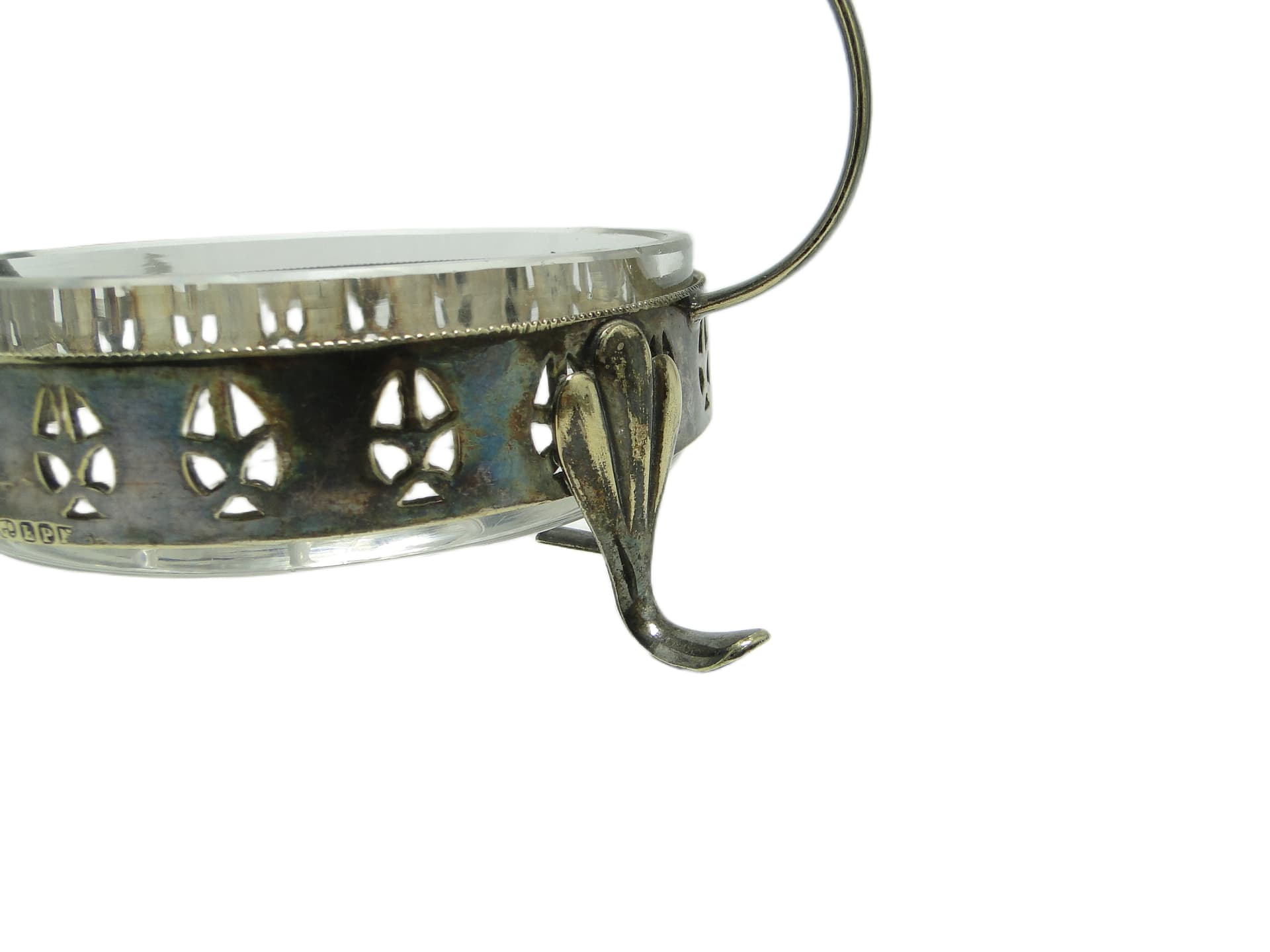 Platter, mid-century modern, silver-plated brass, clear glass, United Kingdom, 1950s. - 96420