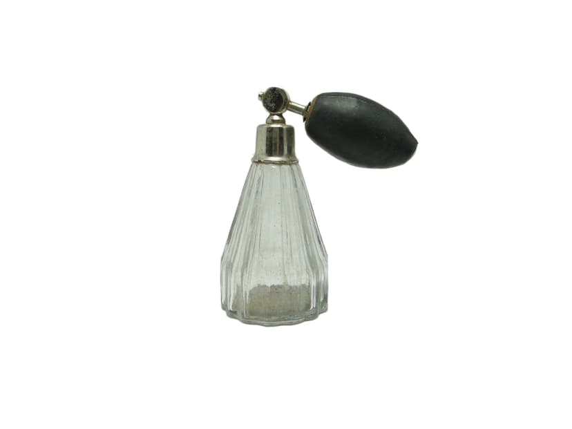 Perfume bottle with atomizer, Art Deco, transparent glass, Poland, 1950s.