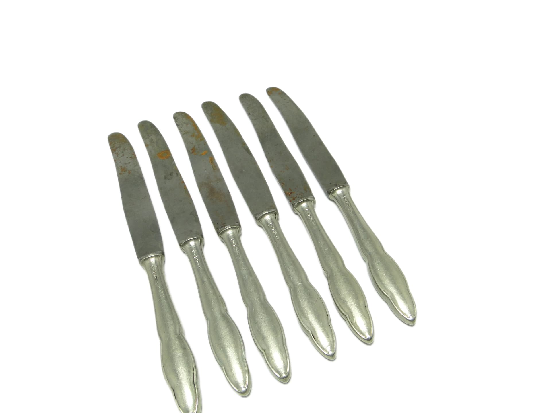 Modernist bread knife set, silver-plated brass, Poland, 1950s.