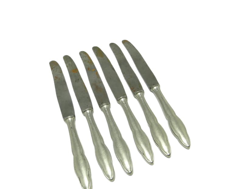 Modernist bread knife set, silver-plated brass, Poland, 1950s.
