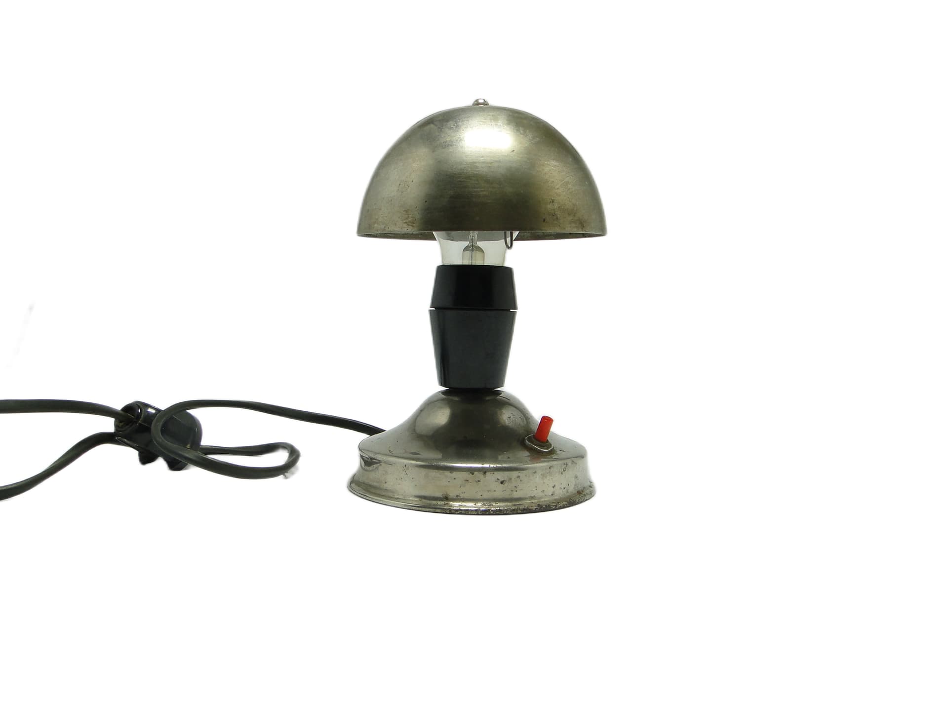 Lampa stołowa Grzybek, metal srebrny, bakelit czarny, Polska, lata 50.
