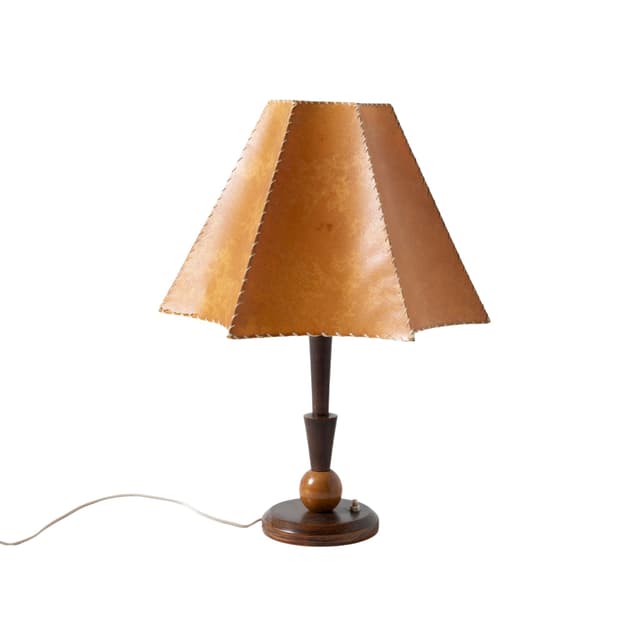 Lampa stołowa art déco, drewno brązowy jasny, papier brązowy jasny, Czechosłowacja, lata 50. - WYMIARY