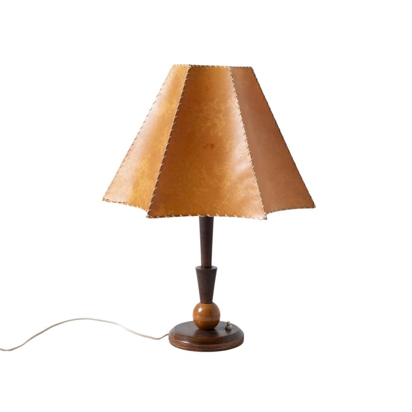 Lampa stołowa art déco, drewno brązowy jasny, papier brązowy jasny, Czechosłowacja, lata 50.